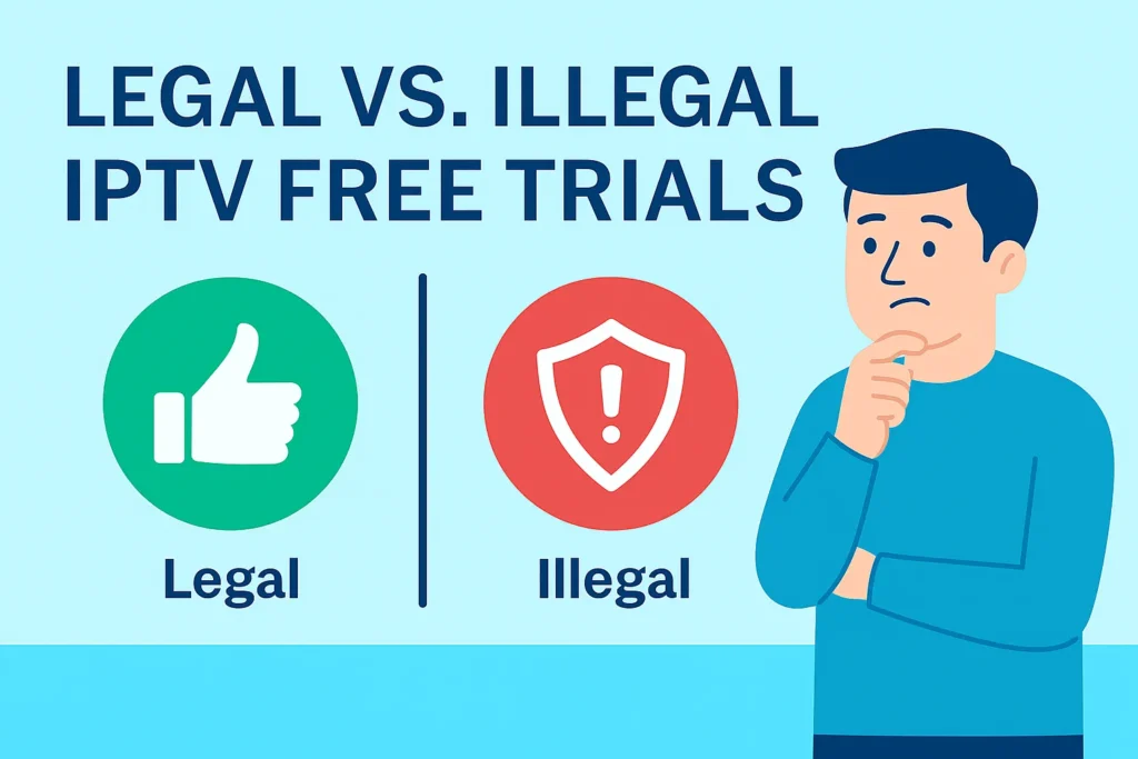 Infographic comparing legal vs illegal IPTV free trials with green check for legal and red warning for illegal next to a thoughtful user illustration.