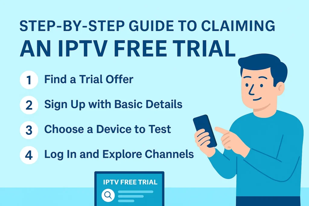 Infographic showing step-by-step guide to claiming an IPTV free trial with icons for finding offers, signing up, choosing a device, and exploring channels.
